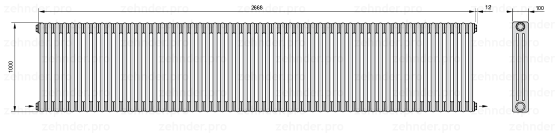 Схема (чертеж) Радиатор Zehnder Charleston 3100/58 №2670 Белый глянцевый RAL 9016